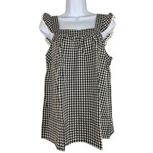Elle Womens Black & White Gingham Sleeveless Top With Pom-Pom Trim Size Medium